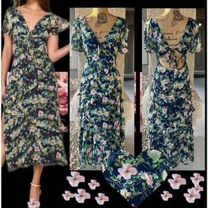 Lulus Next to You Navy Blue Floral Print Ruffled Backless Midi Dress Size M